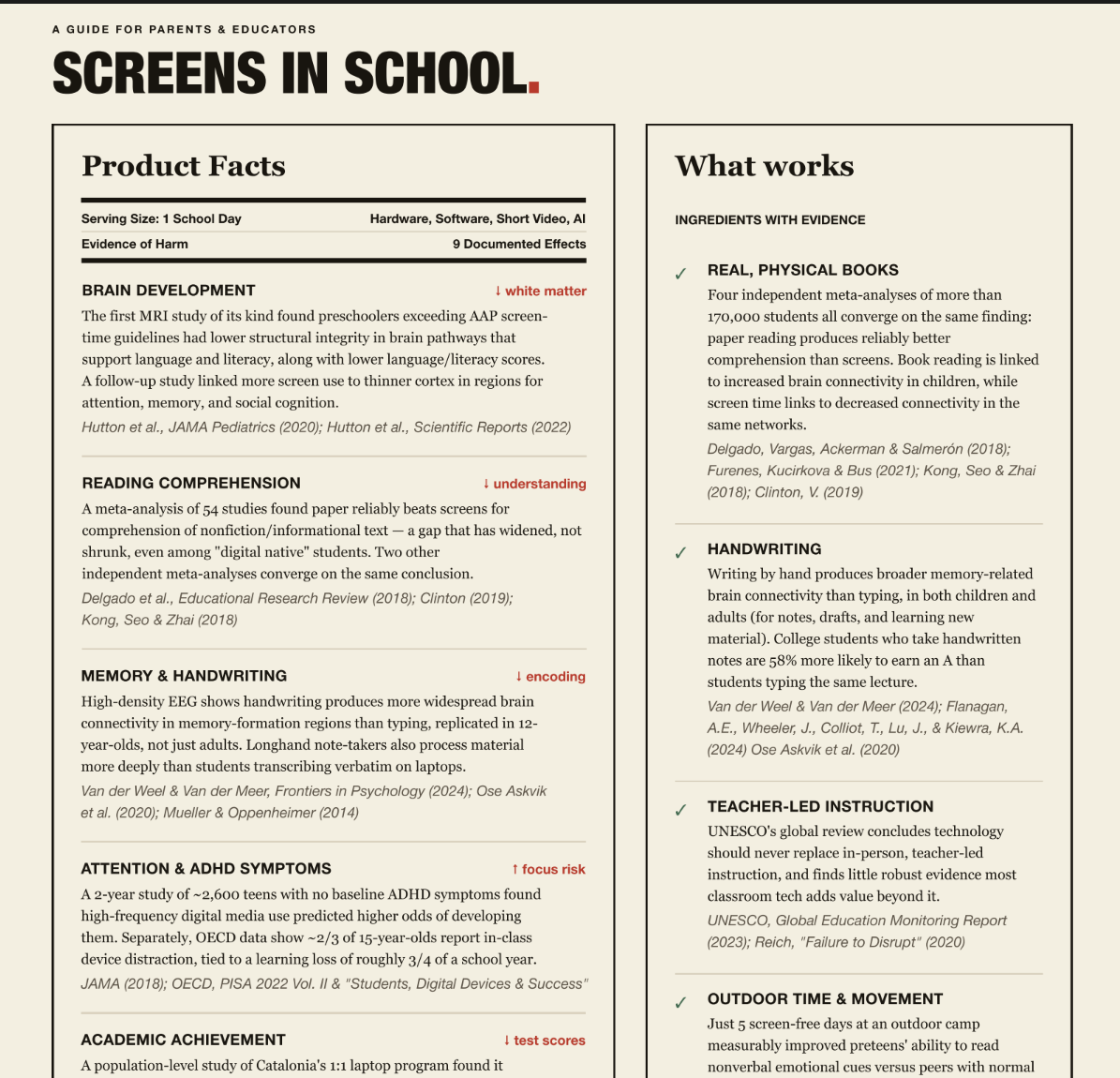 Screenshot of a Nutrition Facts style flyer with a lot of research for why screens in schools harms children's brain development, reading comprehension, memory, handwriting and more